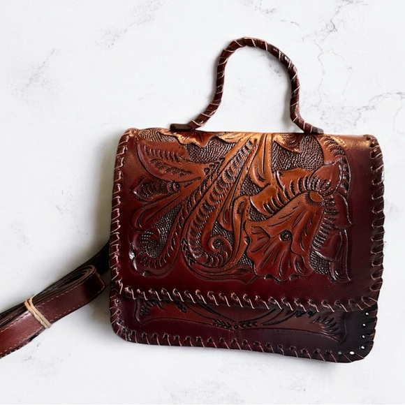 Leather Handmade Tooled Embossed Crossbody Handbag & Wallet Set New - Picture 2 of 12